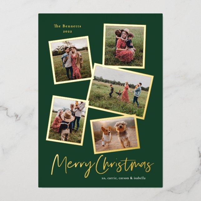 Simple Script Merry Christmas Photo Collage Gold Foil Holiday Card (Front)