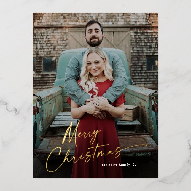 Simple Script Merry Christmas Photo  Foil Holiday Postcard (Front)