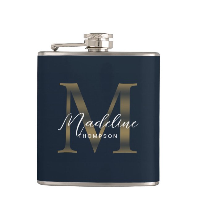 Simple Script Metallic Navy Blue Gold Monogram Hip Flask (Front)