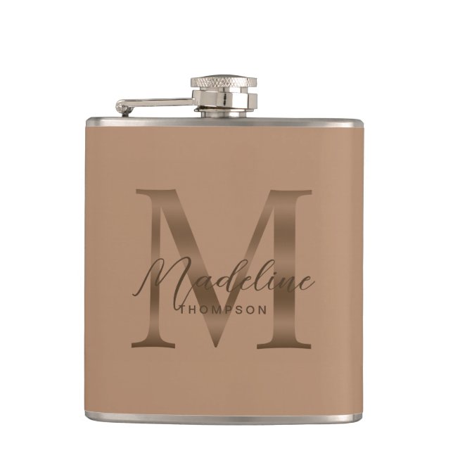 Simple Script Metallic Taupe Gold Monogram Hip Flask (Front)