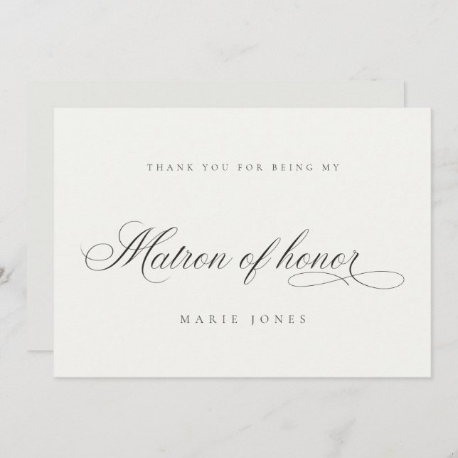 Simple Script Minimal Black White Matron of Honour Thank You Card (Front/Back)