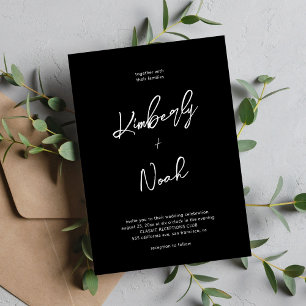 Simple script minimalist black and white wedding invitation