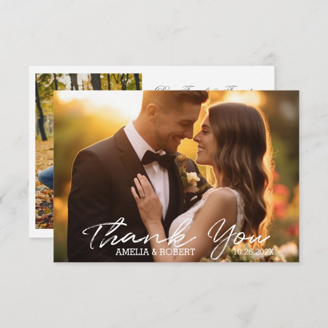 Simple script modern and chic wedding photo thank you card (Front/Back)