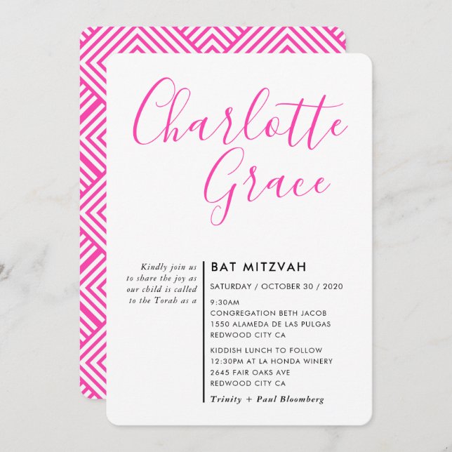SIMPLE SCRIPT modern Bat Mitzvah black bright pink Invitation (Front/Back)