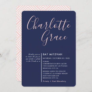 SIMPLE SCRIPT modern Bat Mitzvah navy blue pink Invitation