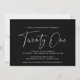 Simple Script   Modern Minimal Black 21st Birthday Invitation