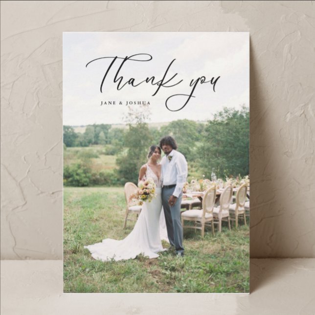 Simple Script Modern Wedding Photo Black Thank You Card (Creator Uploaded)