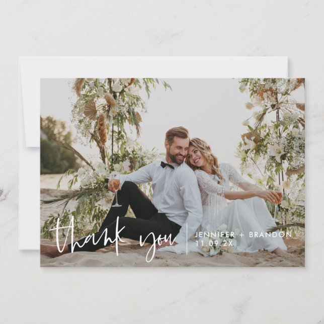 Simple Script Modern Wedding Photo Thank you Card (Front)