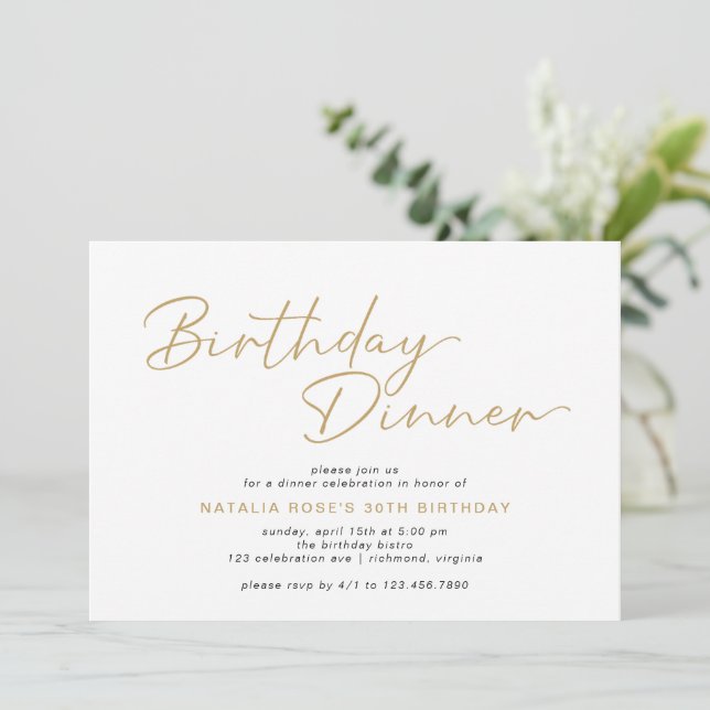 Simple Script Modern White & Gold Birthday Dinner Invitation (Standing Front)