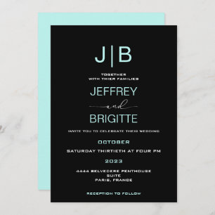 Simple script monogram, teal, and white wedding invitation