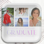 Simple Script Multi Photo Grad Graduation Party Paper Plate<br><div class="desc">Simple Script Multi Photo Grad Graduation Party Paper Plates Tableware features four of your favourite photos of your college or high school graduate on the front with the elegant modern purple calligraphy script "Graduate" overlay. Personalise with name, class of and school or college. Simple, stylish and classy. Created by ©Evco...</div>