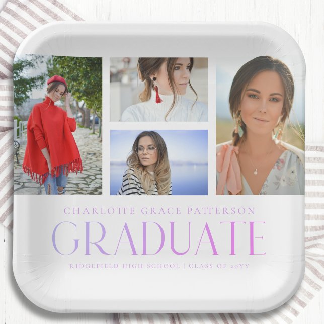 Simple Script Multi Photo Grad Graduation Party Paper Plate (Creator Uploaded)
