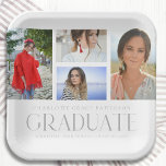Simple Script Multi Photo Grad Graduation Party Paper Plate<br><div class="desc">Simple Script Multi Photo Grad Graduation Party Paper Plates Tableware features four of your favourite photos of your college or high school graduate on the front with the elegant modern silver calligraphy script "Graduate" overlay. Personalise with name, class of and school or college. Simple, stylish and classy. Created by ©Evco...</div>