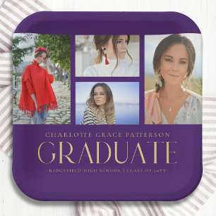 Simple Script Multi Photo Grad Graduation Party Paper Plate