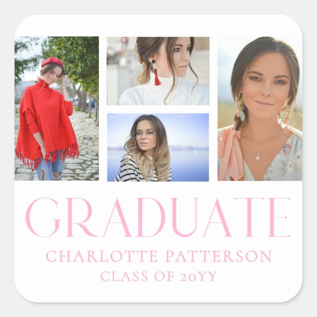 Simple Script Multi Photo Graduation Announcement Square Sticker (Front)