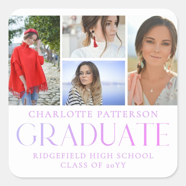Simple Script Multi Photo Graduation Announcement Square Sticker (Front)