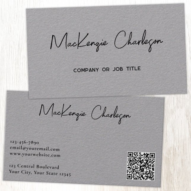 Simple Script Name and Text QR Code Grey Business Card (Simple modern script minimalist business card with QR code)