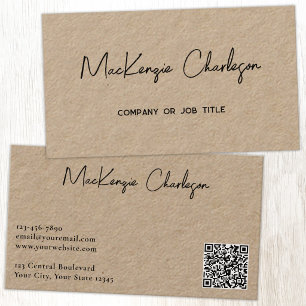 Simple Script Name and Text QR Code Kraft Business Card