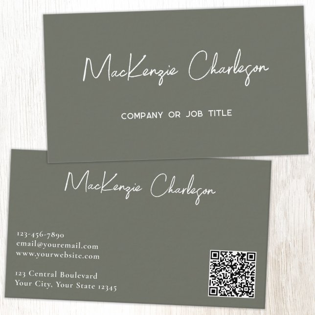 Simple Script Name and Text QR Code Sage Green Business Card (Simple modern script minimalist business card with QR code sage green)