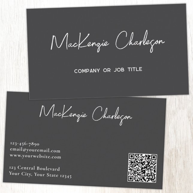 Simple Script Name and Text QR Code Slate Grey Business Card (Simple modern script minimalist business card with QR code slate gray)