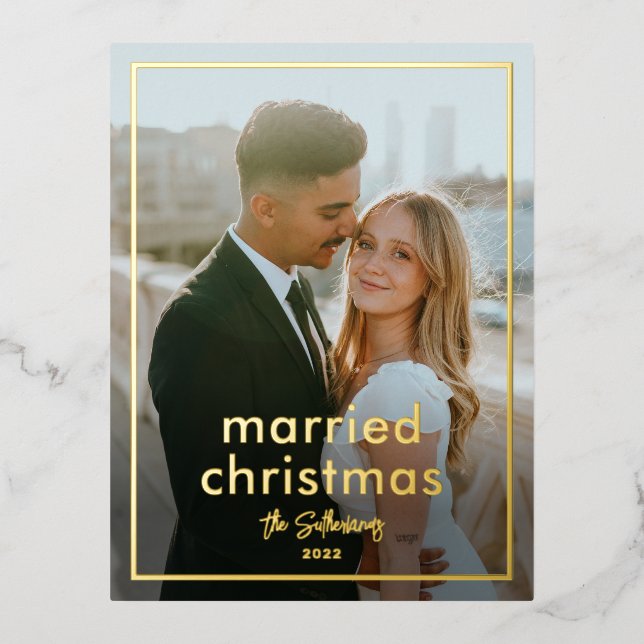 Simple Script Name Minimal Photo Married Christmas Foil Holiday Postcard (Front)