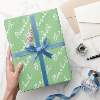 Simple Script Name Personalised Green Wrapping Paper