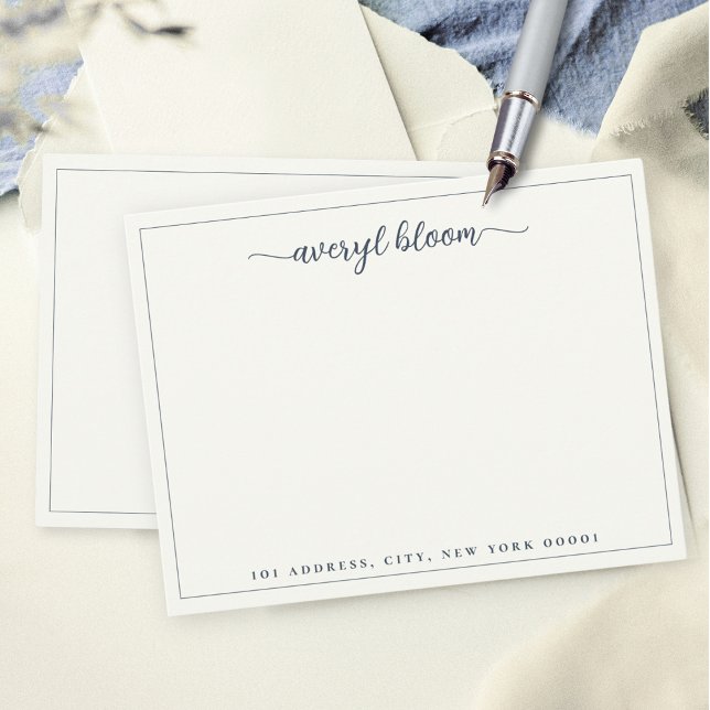 Simple Script Navy Border Personalised Stationery  Card (Creator Uploaded)