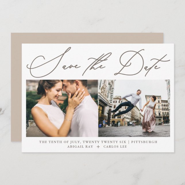 Simple Script Neutral Two Photo Modern Save The Save The Date (Front/Back)