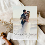 simple script newlyweds wedding photo thank you card<br><div class="desc">black text overlay design with modern hand lettering script and a lovely photo of the newlyweds,  the image and text can be personalized.</div>