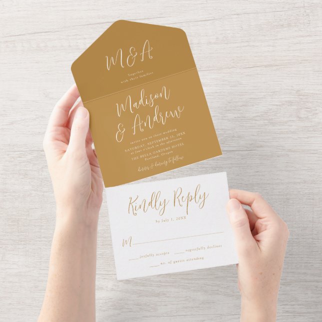 Simple Script Ochre Wedding All In One Invitation (Tearaway)