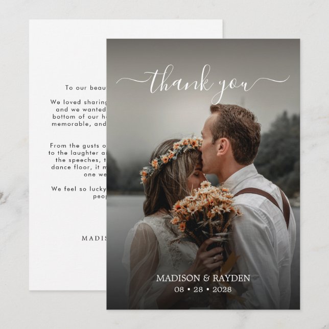 Simple Script Overlay Wedding Photo Thank You Card (Front/Back)