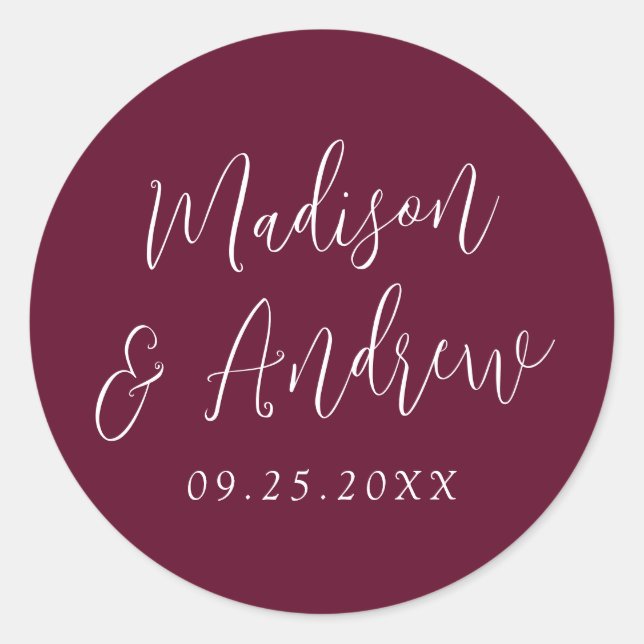 Simple Script Personalised Burgundy Wedding Classic Round Sticker (Front)