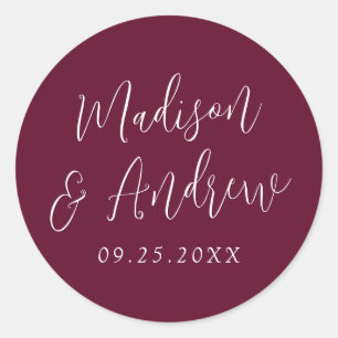 Simple Script Personalised Burgundy Wedding Classic Round Sticker