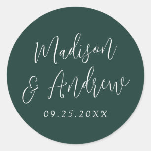 Simple Script Personalised Forest Green Wedding Classic Round Sticker