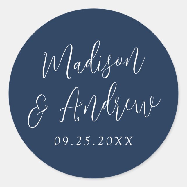 Simple Script Personalised Navy Wedding Classic Round Sticker (Front)