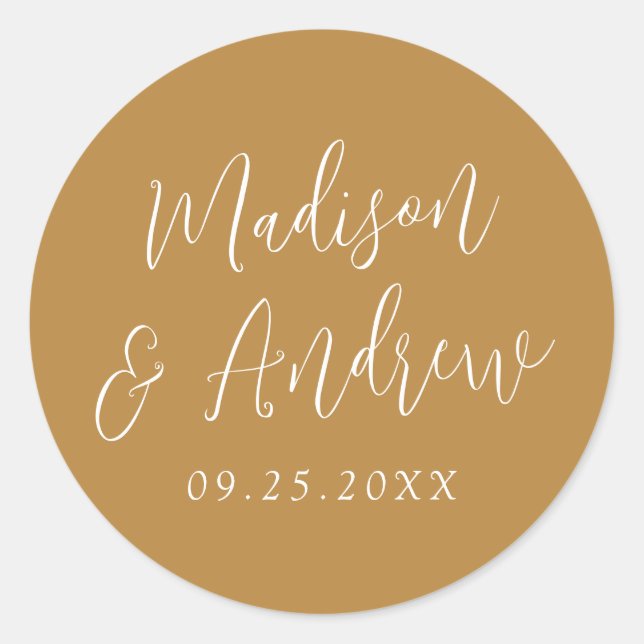 Simple Script Personalised Ochre Wedding Classic Round Sticker (Front)