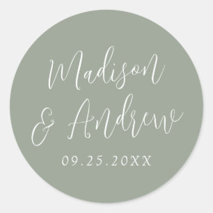Simple Script Personalised Sage Green Wedding Classic Round Sticker