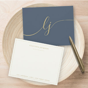 Simple Script Personalised Stationery Navy & Gold Card