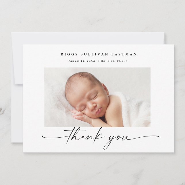 Simple Script Photo Baby Stats Thank You Card (Front)
