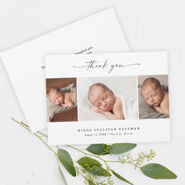 Simple Script Photo Collage Baby Thank You Card (Elegant script black and white
3 photo baby thank you card announcements.)