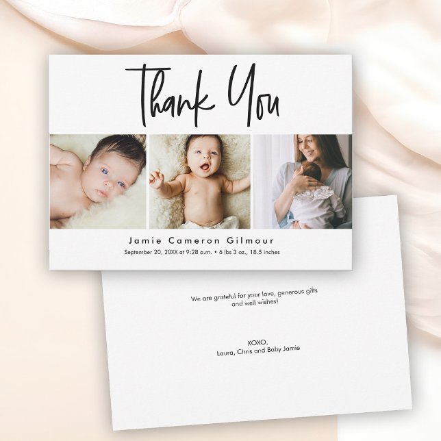 Simple Script Photo Collage Baby Thank You Card (Modern 3 photos baby shower thank you cards, handlettering script type.)
