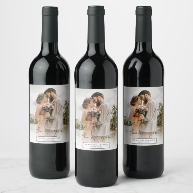Simple Script Photo Wedding Favour Wine Label (Bottles)