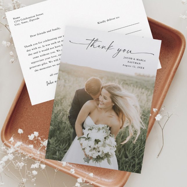 Simple Script Photo Wedding Thank You Card (Elegant script wedding photo thank you postcard.)