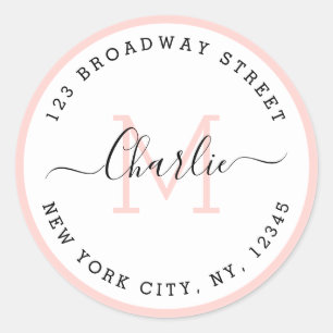 Simple script pink border monogram return address classic round sticker