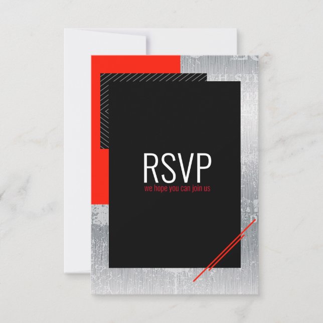Simple script Red, black, grey  white stripes RSVP Card (Front)