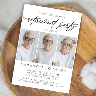 Simple Script Retirement Party 3 Photo Collage Invitation