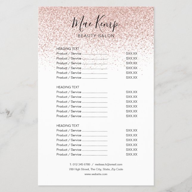 Simple Script Rose Gold Glitter Salon Service Menu (Front)
