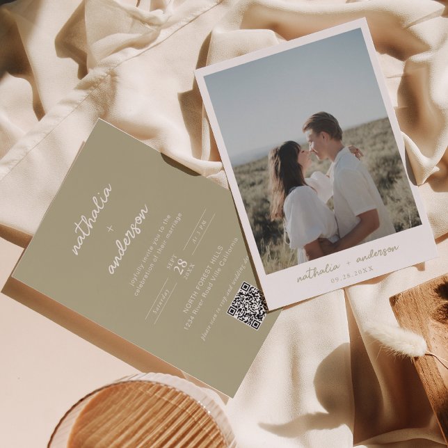 Simple Script Sage Green Photo QR Code Wedding Invitation (Creator Uploaded)