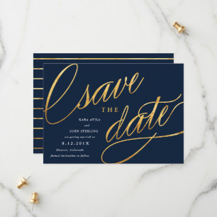 Simple Script Save the Dates   Navy Blue & Gold Save The Date