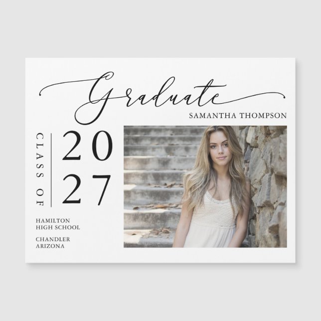 Simple Script School Graduate Photo Magnetic Card (Front)